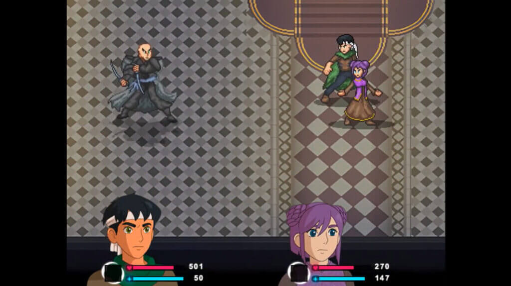 Tales of Grimace battle scene showing two party members and a cultist enemy in a turn-based RPG interface.