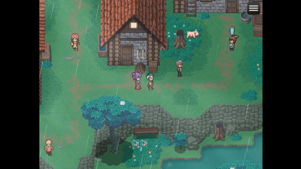 Overhead view of a pixel-art village with characters walking through rain-soaked streets.