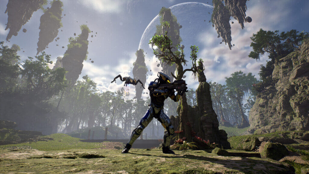 EV2 gameplay showing armored soldier aiming with floating alien terrain in the background