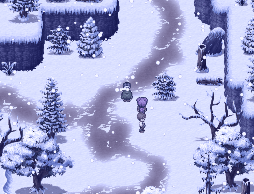 Snow-covered landscape in Tales of Grimace with the party navigating a frozen mountain path toward a mysterious character.