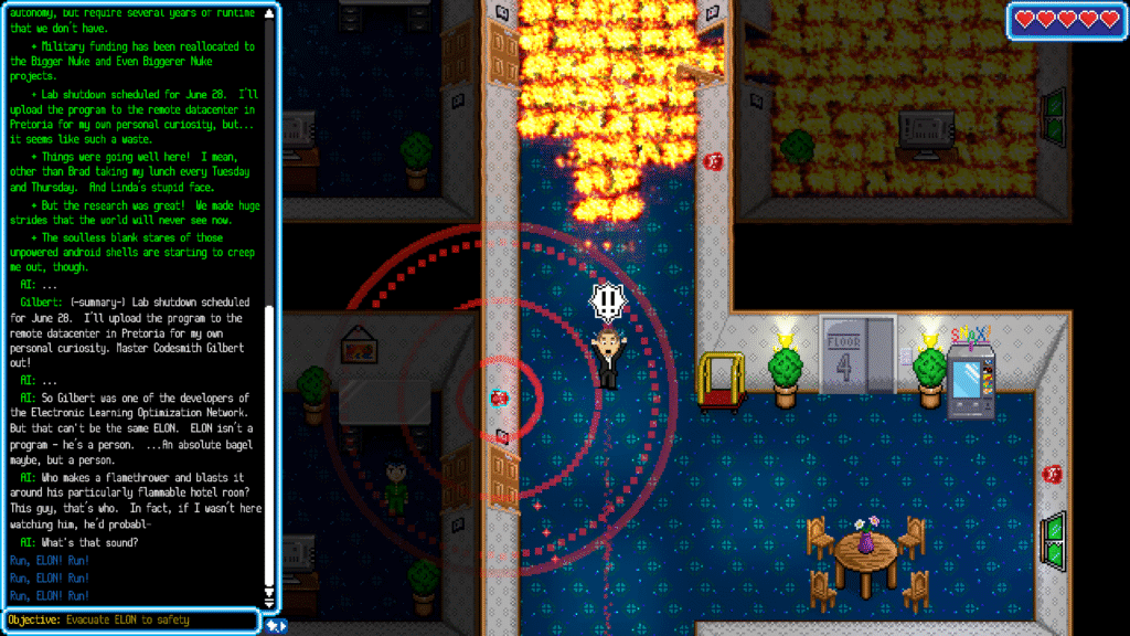 Hotel escape scene with fire and AI commentary