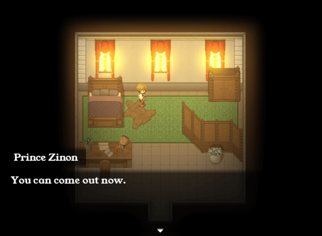 Prince Zinon speaking in a warmly lit interior room during a story-driven cutscene.
