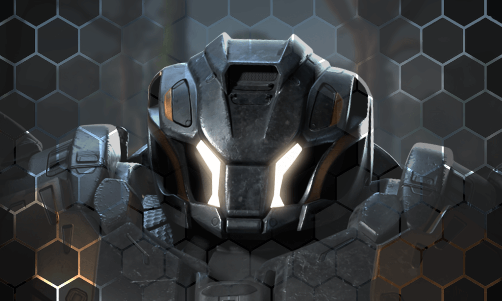 Close-up of Brute class armor helmet in EV2 with glowing white visor and hexagonal overlay