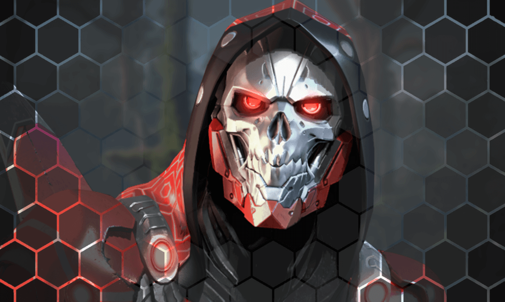 Cloaker class in EV2 featuring a red hood and metallic skull mask with glowing red eyes