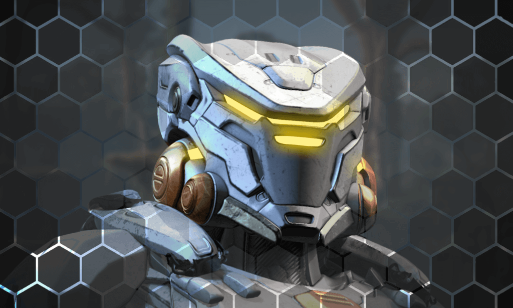 Pathfinder class in EV2 wearing high-tech white and gold helmet with glowing yellow visor