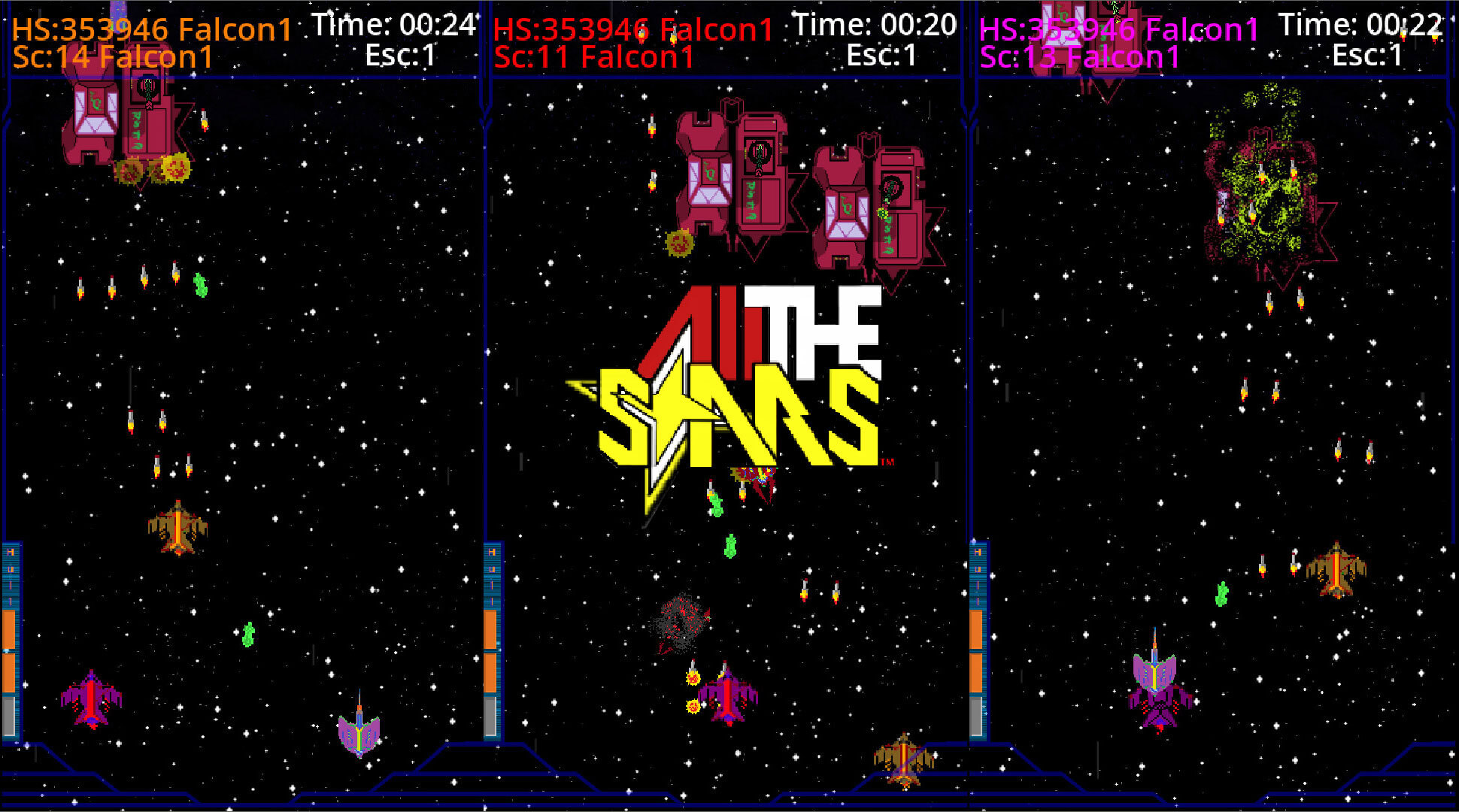 Starfighter diving through a neon asteroid field in All The Stars.