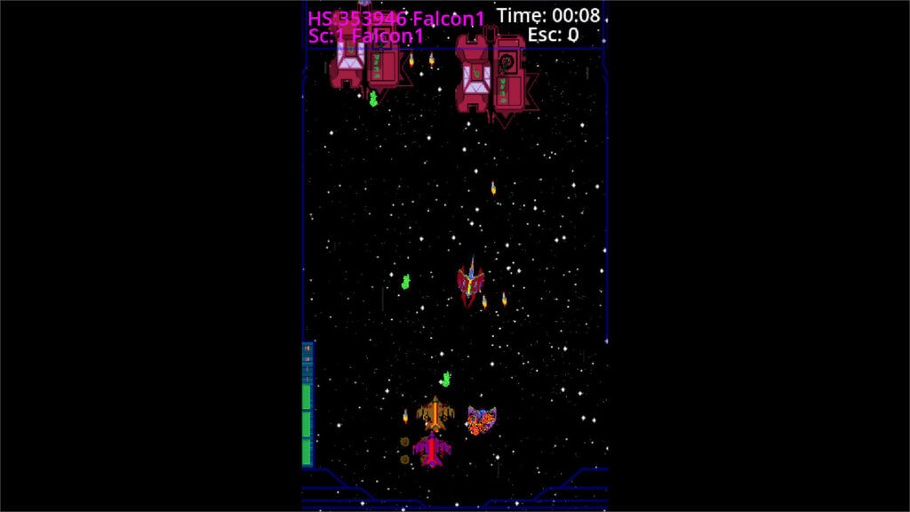 Player ship unleashing rockets at alien formations in All The Stars.