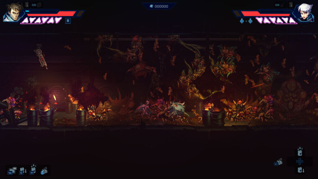 The Anima Flux duo battling mutants inside a flooded tunnel.