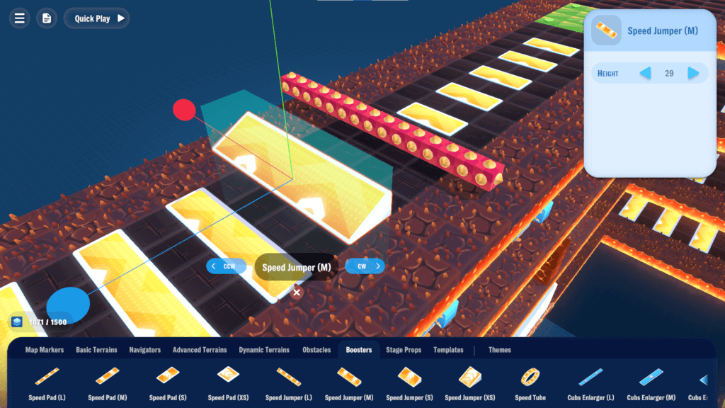 Arcade Galaxy map editor showing a speed booster placement on a lava track.