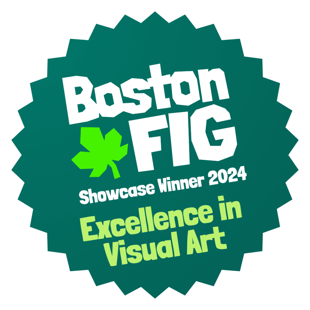 Award badge for "Excellence in Visual Art" at BostonFIG 2024 featuring a vibrant gold emblem.