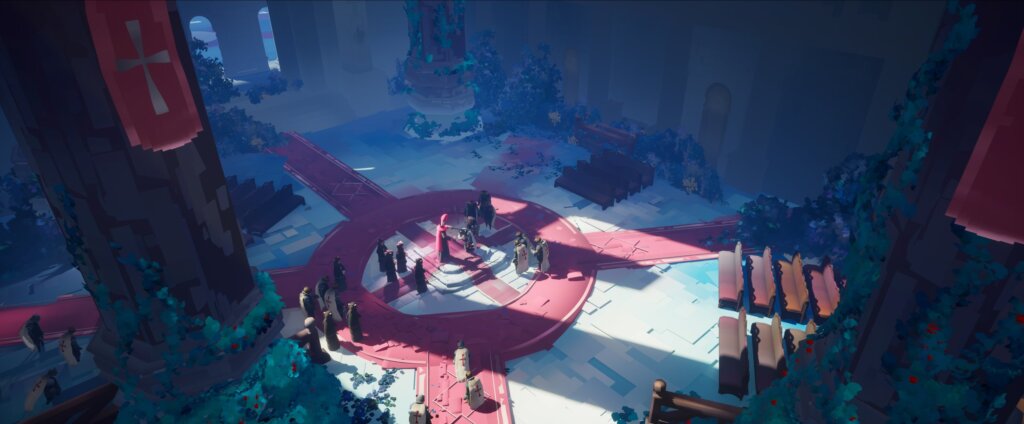 Secret meeting of the Templar Order in a cathedral.
