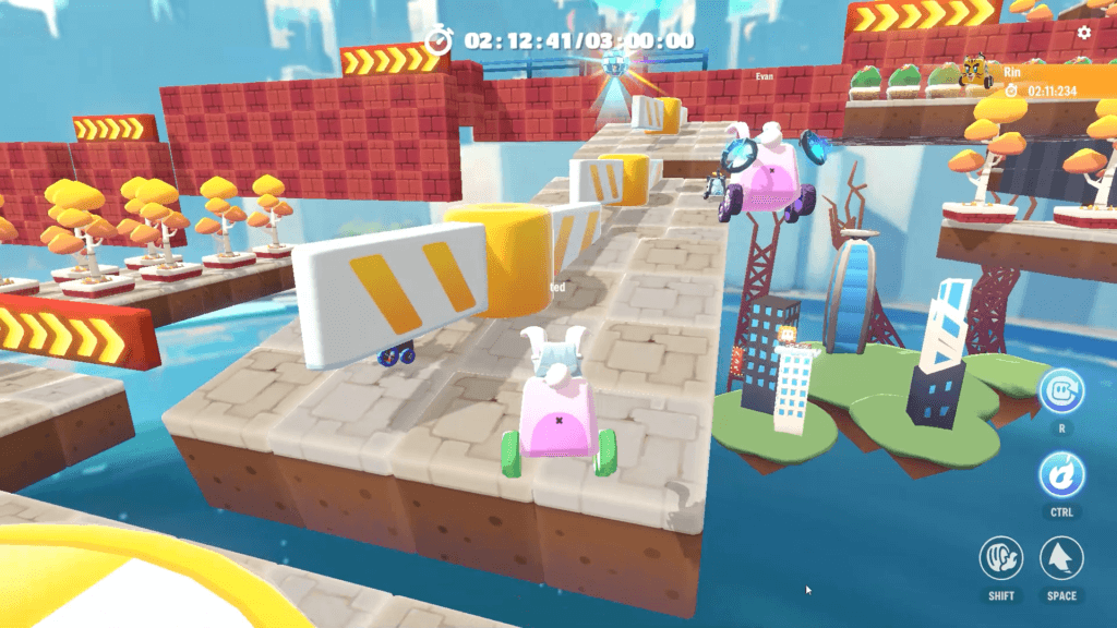 Arcade Galaxy racers vaulting across floating platforms in space.