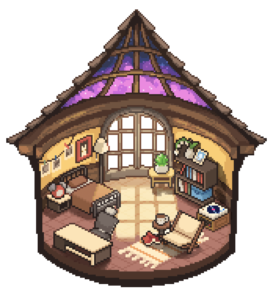 Pixel-art cozy attic room under a moonlit, starry sky.