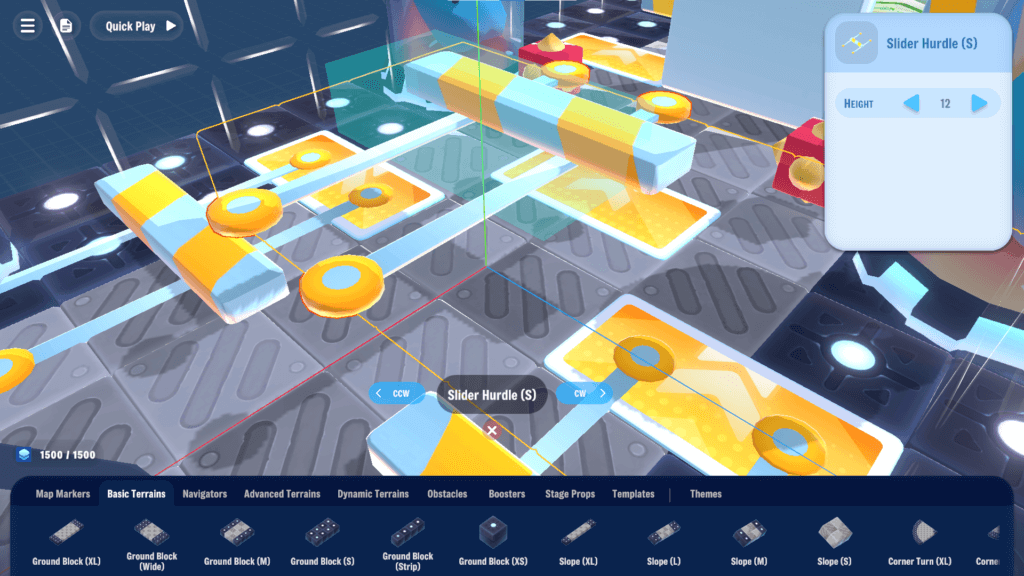 Player-made Arcade Galaxy track lined with swinging obstacles and ramps.