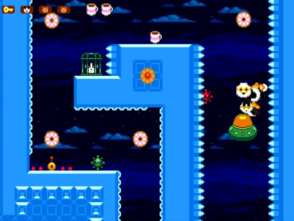 Panda flying across an icy world, dodging enemies and collecting donuts while badgers follow behind.