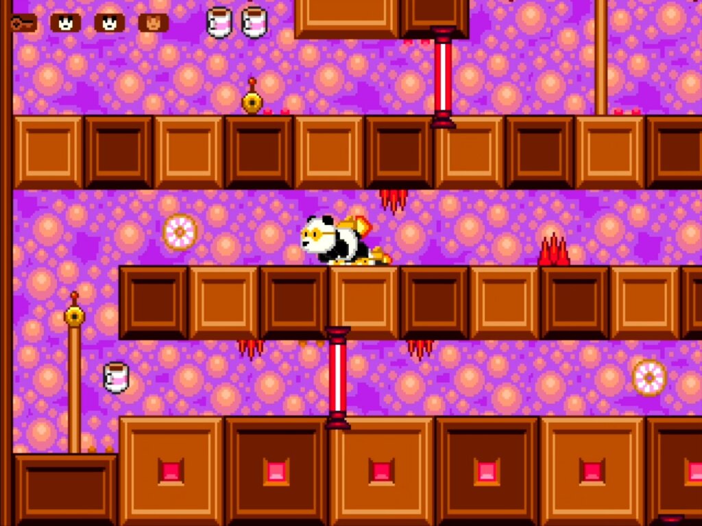 Panda with a jetpack blasting through a chocolate-themed level filled with traps, platforms, and collectible donuts.