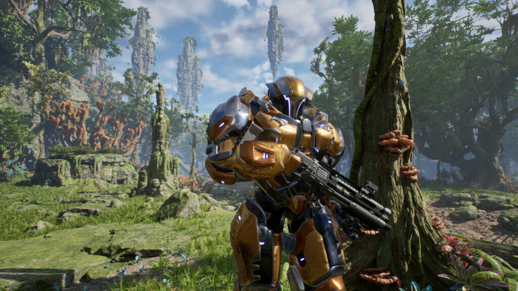 Heavily armored Brute class in EV2 aiming rifle in overgrown jungle combat zone
