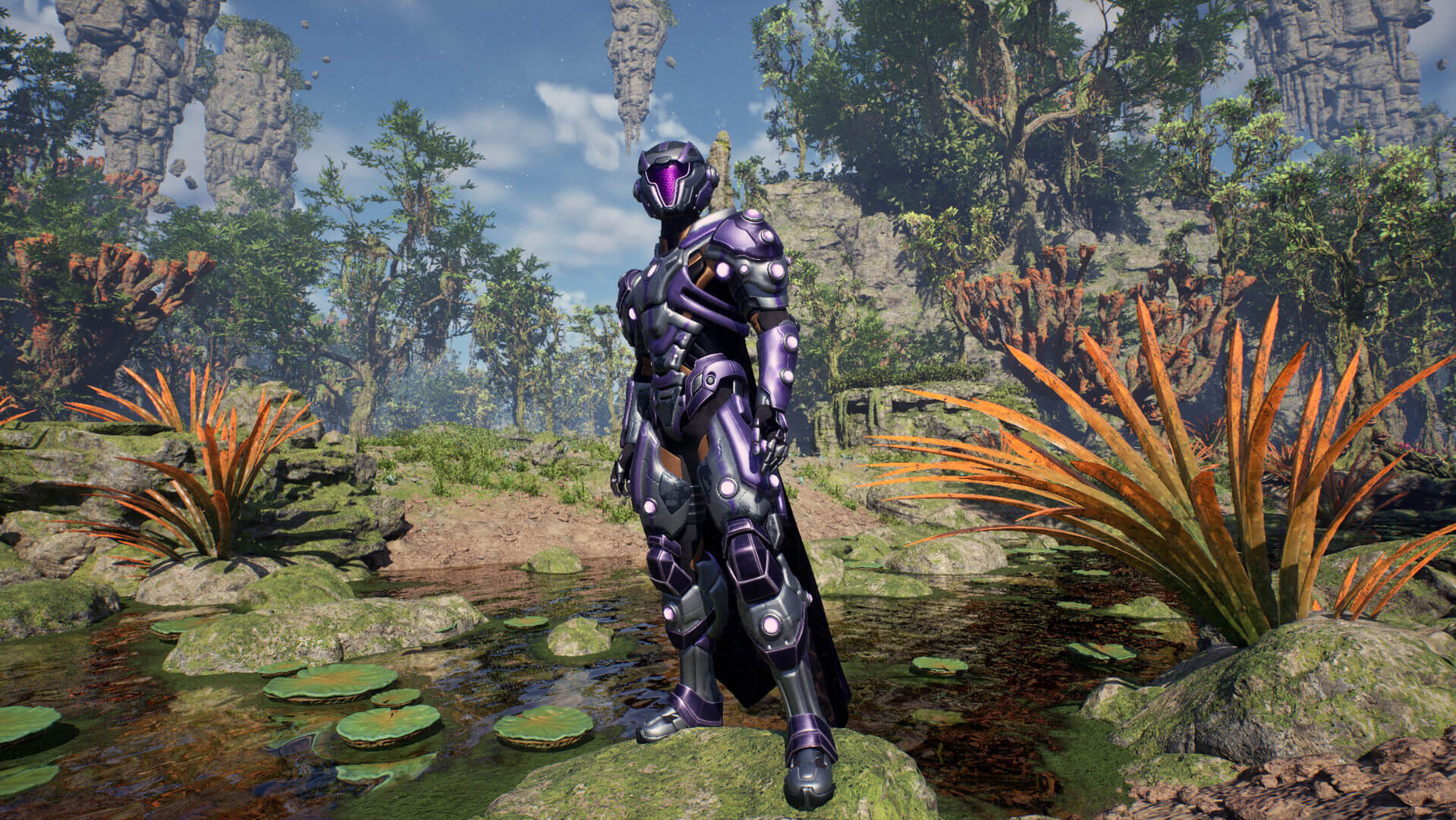 Mag class character in EV2 standing in a vibrant alien jungle with floating rock pillars in the background
