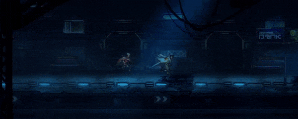 The Anima Flux duo sprinting through a collapsing sci-fi corridor.