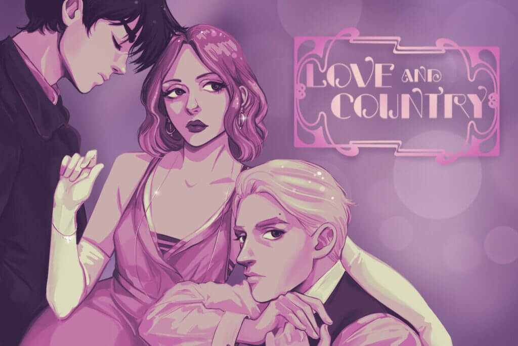 Stylized key art for the indie game Love and Country, featuring three dramatic characters in purple hues with the game title in a vintage art deco frame.