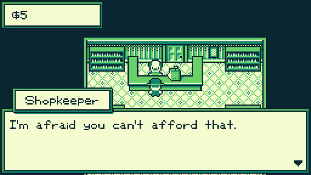 Shopkeeper in The Edge of Allegoria telling the player they can't afford an item, displayed in classic pixelated dialogue.