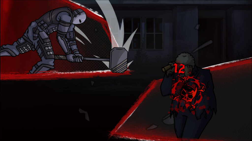 Armored mercenary slamming a sledgehammer into a masked enemy in SkullX: Aibohphobia.