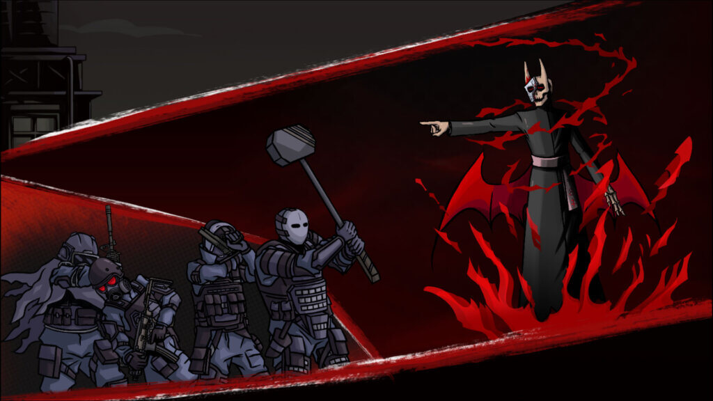 Mercenary squad facing off against a demonic figure cloaked in red energy.