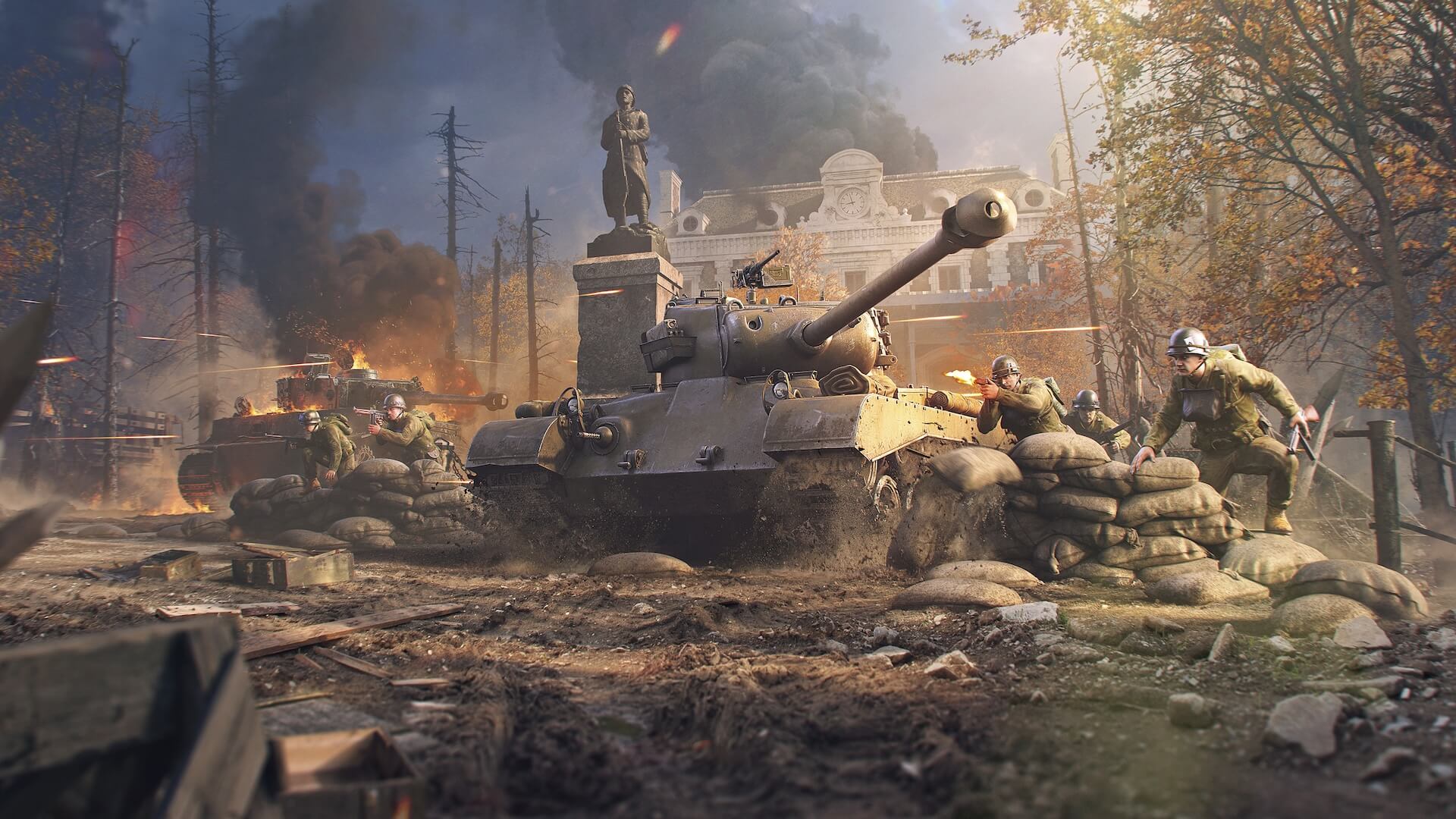 Airborne troops parachuting over the battlefield in Enlisted.