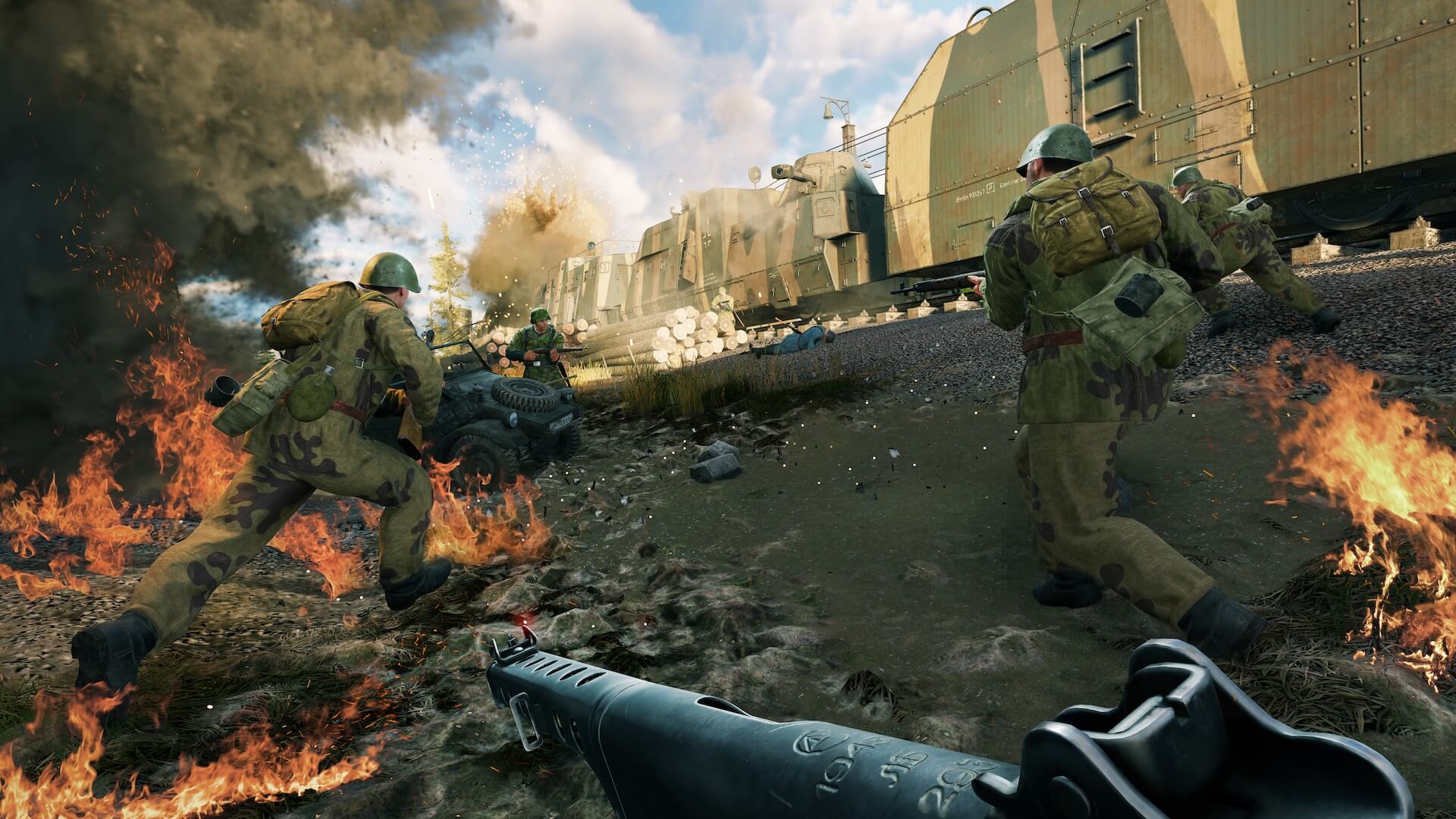 Axis armor column moving through the battlefield in Enlisted.