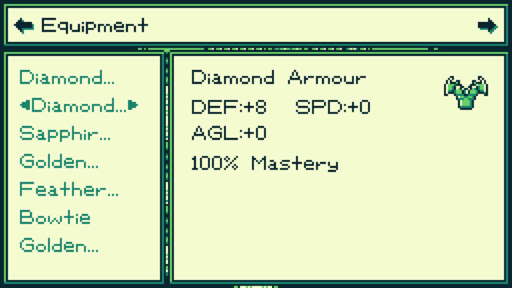 Equipment menu showing Diamond Armour stats and 100% mastery in The Edge of Allegoria.