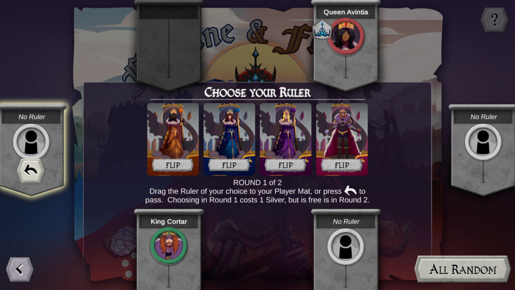 Fortune & Famine ruler selection screen with six characters