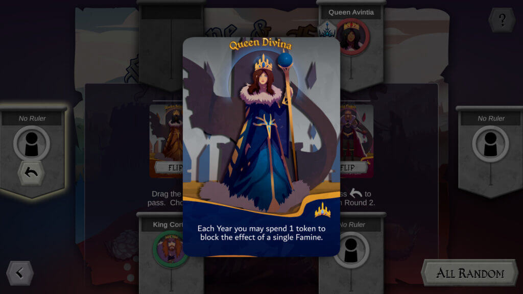 Queen Divina character card with famine-blocking ability