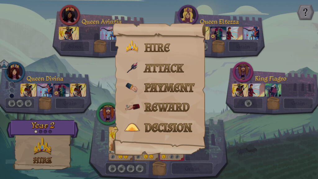 Fortune & Famine turn menu with options like Hire and Attack