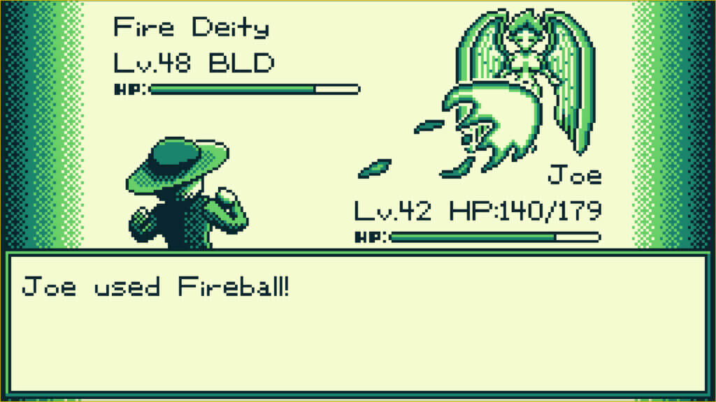 Turn-based battle against a Fire Deity in The Edge of Allegoria, with protagonist Joe casting Fireball.