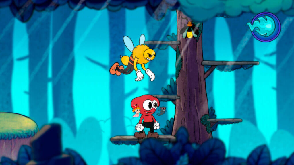 Chico Chifrudo standing in a forest with a giant bee enemy overhead
