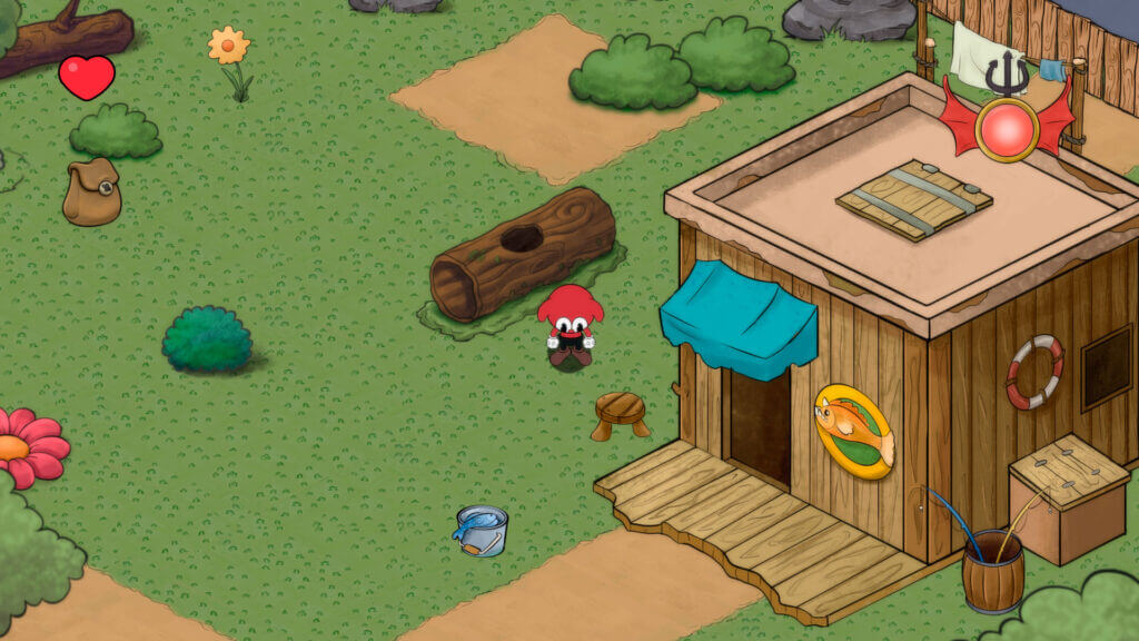 Overhead view of Chico outside a wooden shack in a grassy area