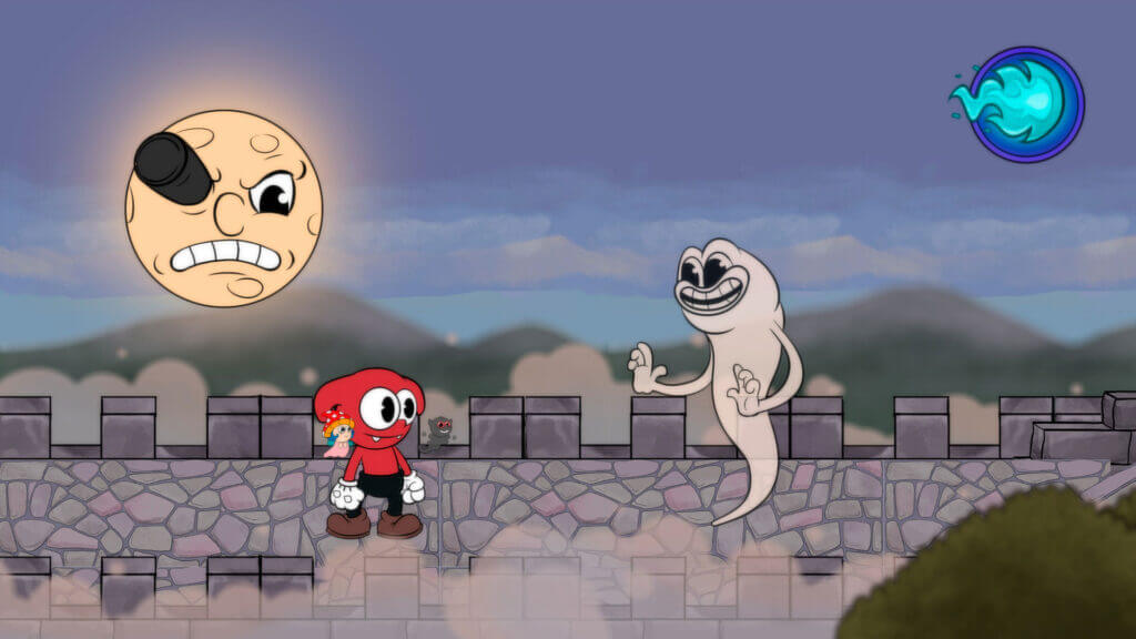 Chico facing a mischievous ghost and a large moon with a monocle