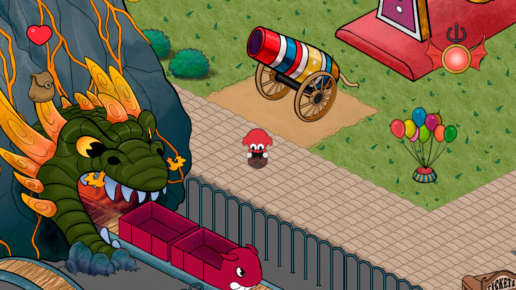 Chico standing near a cannon and a dragon-themed amusement ride