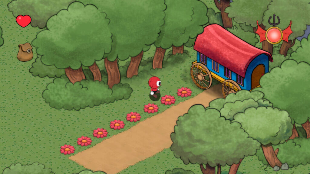 Chico walking through a flower-lined path in a forest clearing