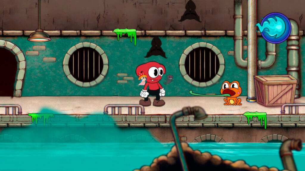 Chico inside a sewer with pipes, a frog, and green slime dripping from the ceiling