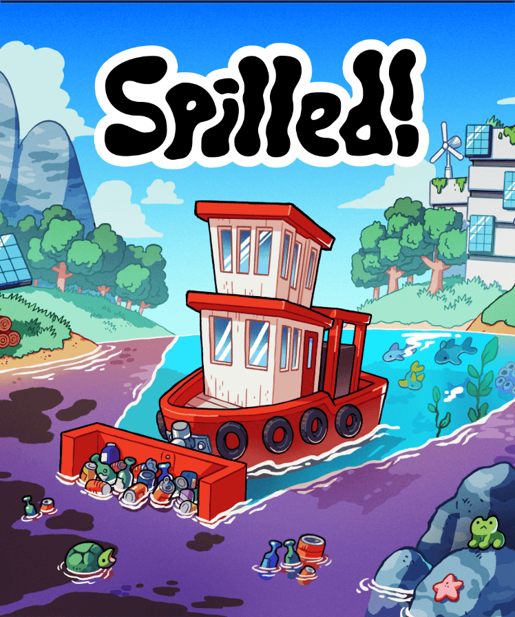 Cartoon tugboat cleaning up a polluted river in the eco-friendly game Spilled!.
