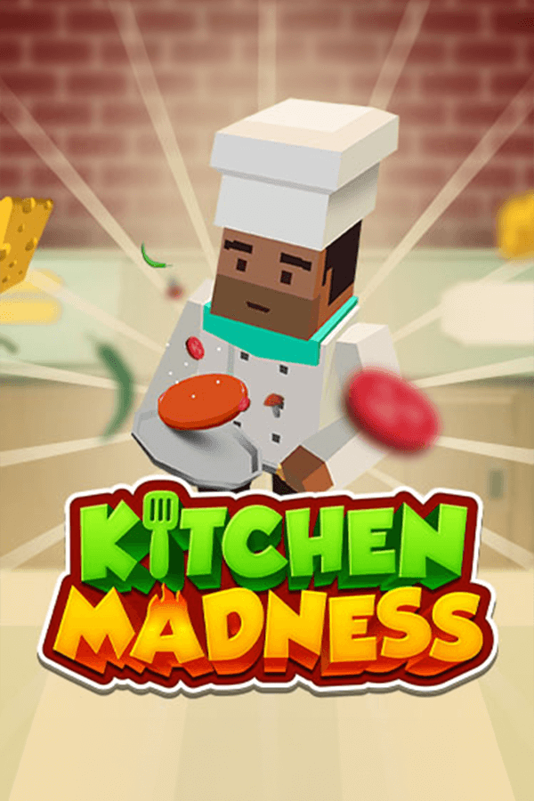 Cartoon chef in a kitchen with floating food ingredients, from the game Kitchen Madness.