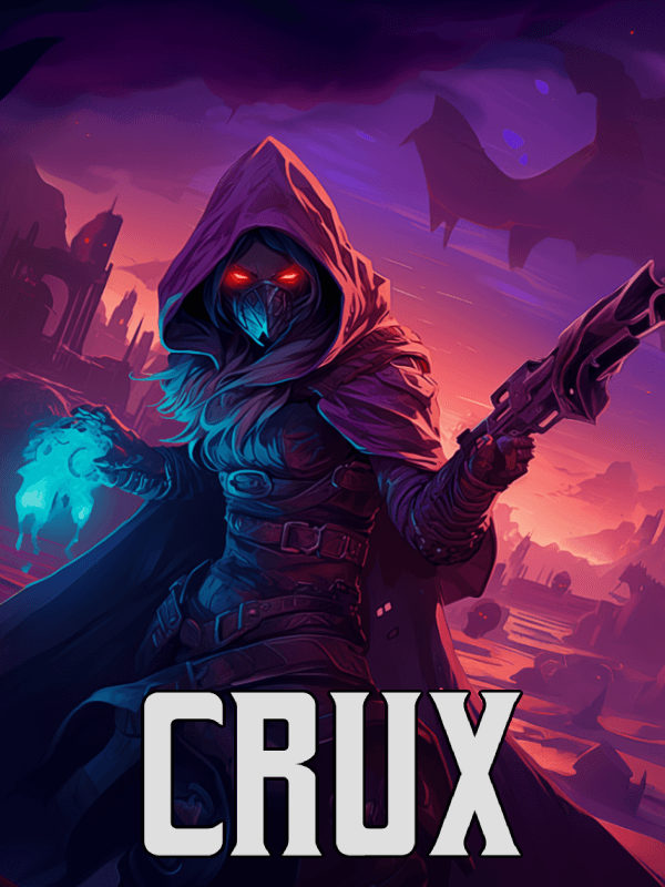 Hooded character with glowing red eyes holding a gun and magical flame in the fantasy shooter CRUX.