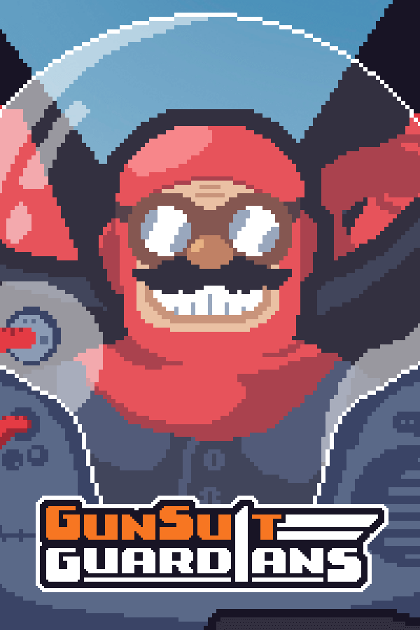 Pixel art key art from the game GunSuit Guardians featuring a smiling pilot in red gear inside a mech suit.