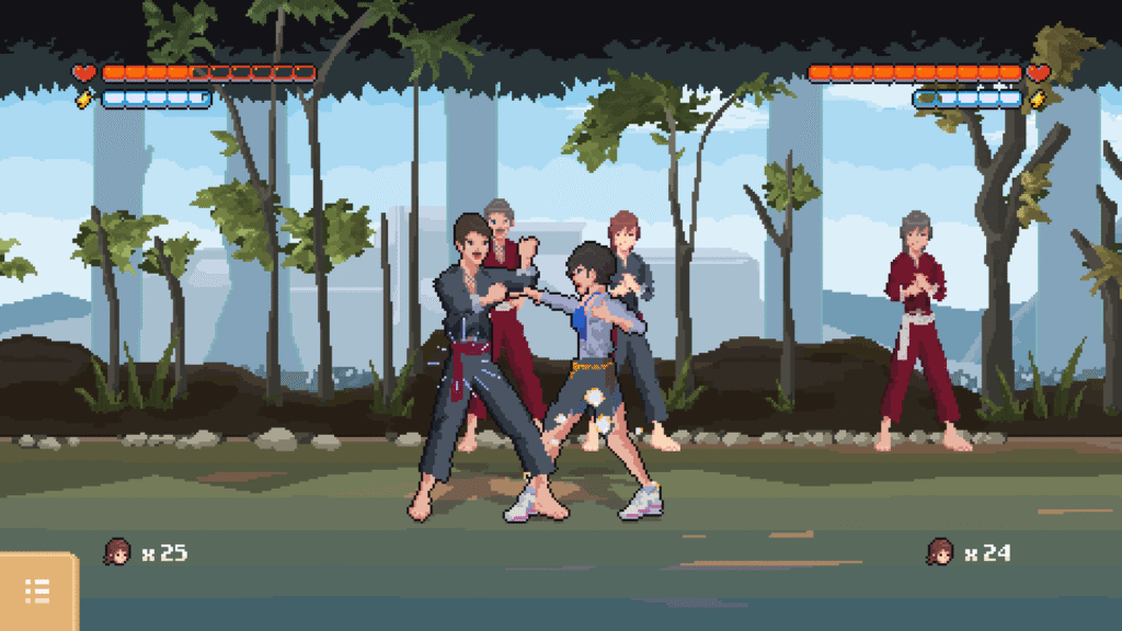 Rawyokan pixel art combat scene in forest setting with cheering crowd