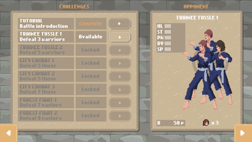 Rawyokan challenge selection screen with opponent stats