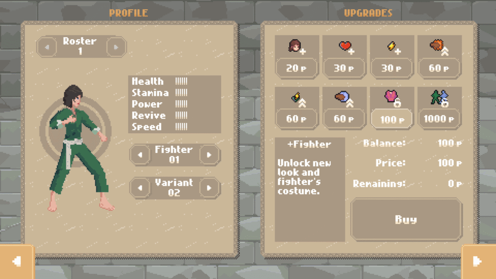 Rawyokan character profile and upgrade store screen