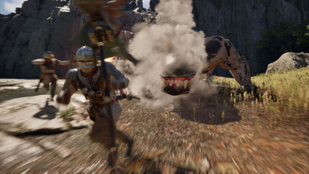 Players narrowly evade a charging beast's jaws as dust and debris explode around them