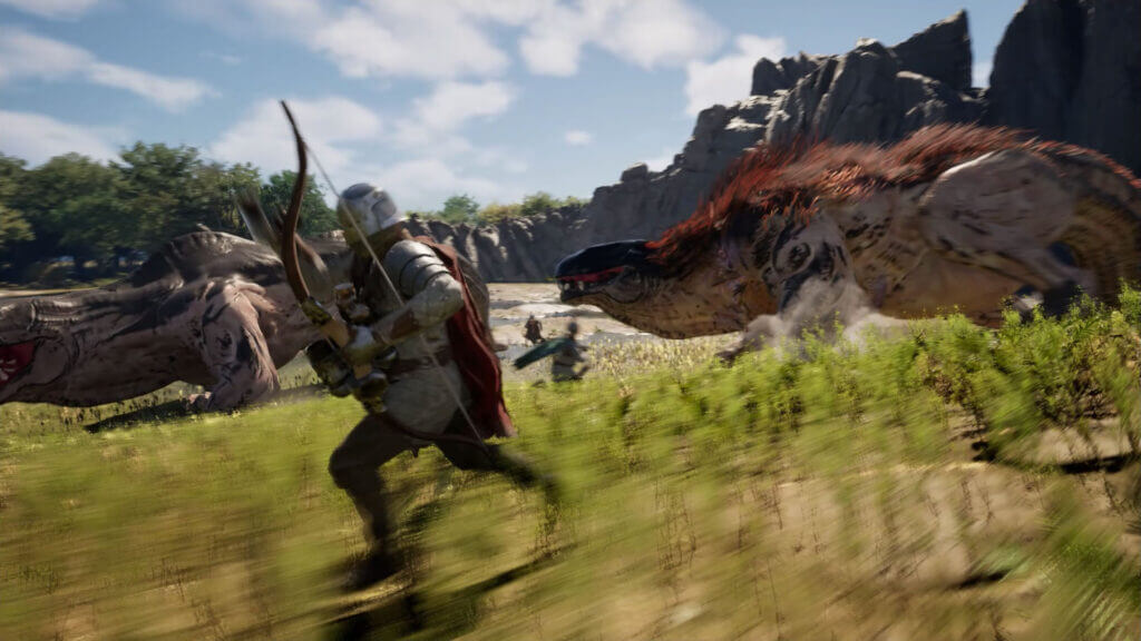 Warriors retreat across a grassy field as two monstrous creatures pursue them
