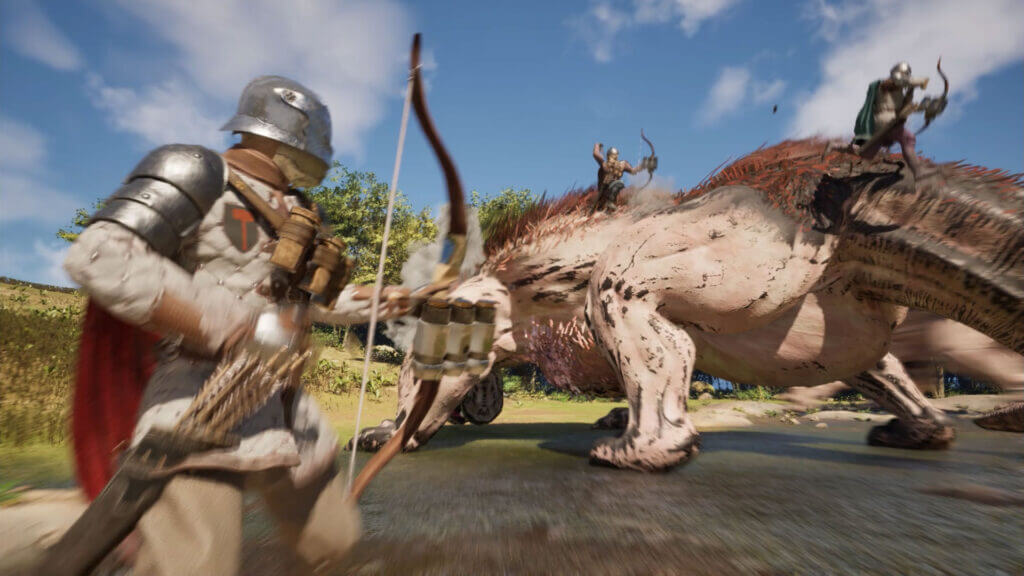 Multiple players climb a towering beast while another prepares a bow on the ground